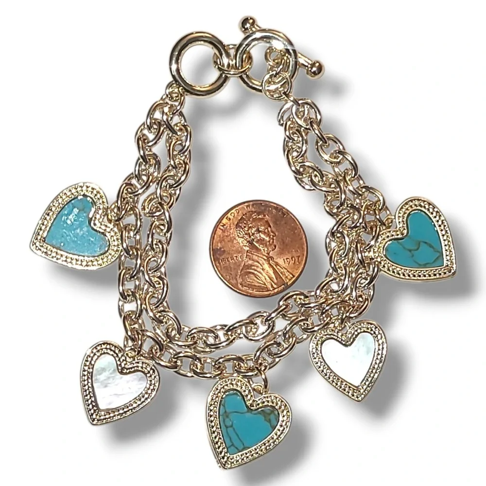 Silver Tone Heart Charm Bracelet Turquoise‎ & MOP Inlay Double Chain 6.5-7" - Picture 2 of 2